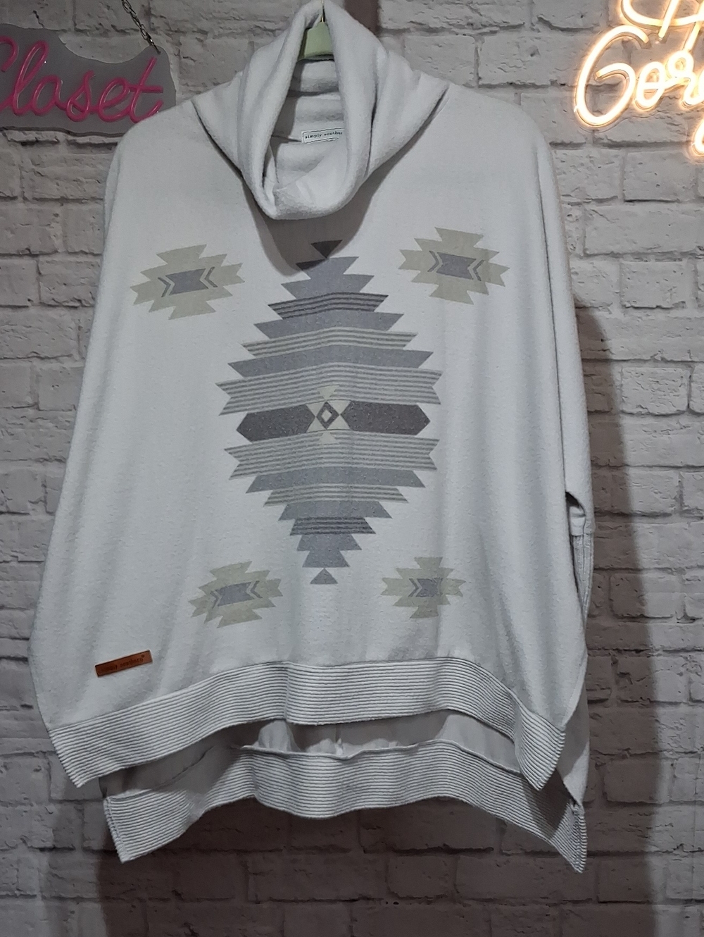 Simply Southern Cream Cowl-Neck Sweater with Gray Aztec Motif